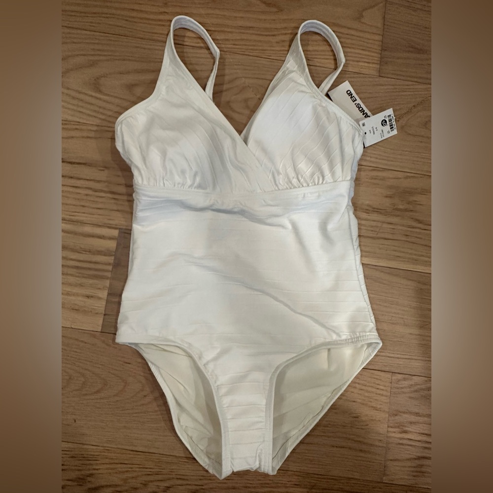NWT Lands' End women’s one piece v neck white swimsuit